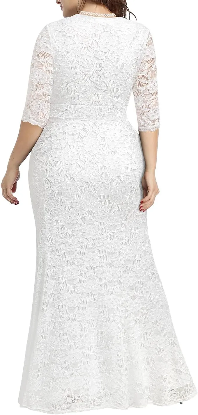 Wedding Dresses for Bride Plus Size - Mermaid Formal Evening Gown Wrap Neck Lace Dress