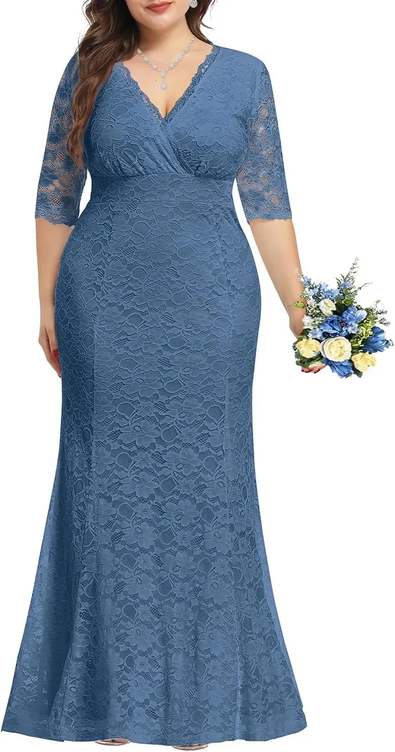 Wedding Dresses for Bride Plus Size - Mermaid Formal Evening Gown Wrap Neck Lace Dress