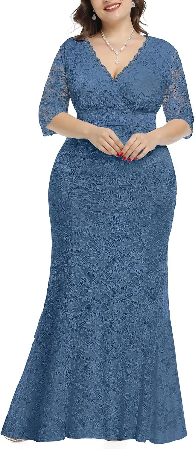 Wedding Dresses for Bride Plus Size - Mermaid Formal Evening Gown Wrap Neck Lace Dress