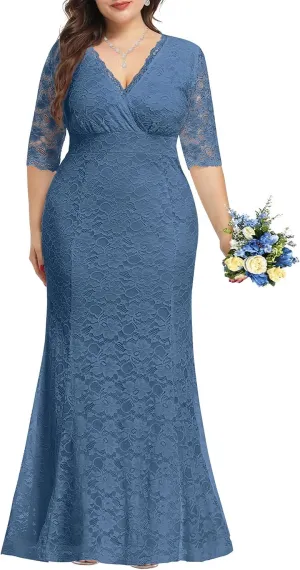 Wedding Dresses for Bride Plus Size - Mermaid Formal Evening Gown Wrap Neck Lace Dress