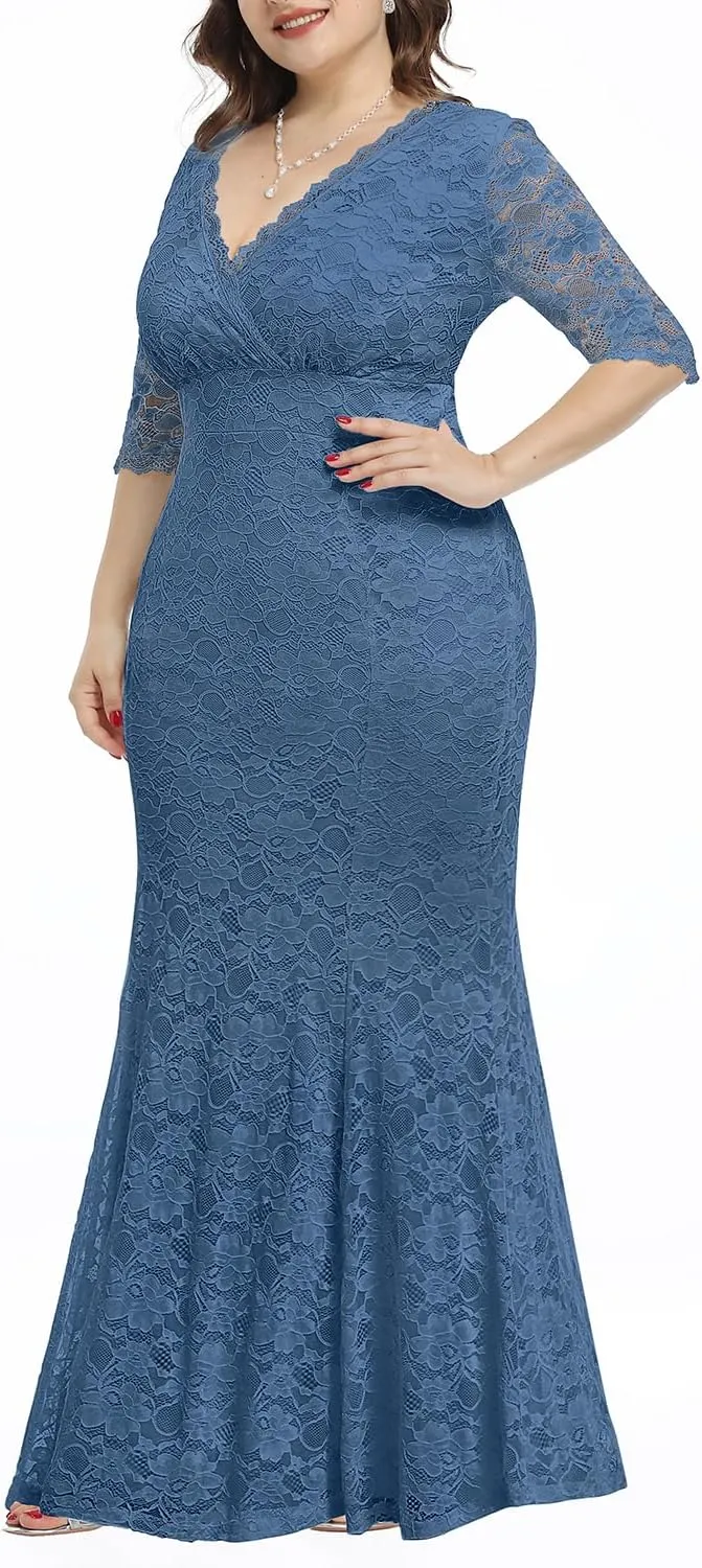 Wedding Dresses for Bride Plus Size - Mermaid Formal Evening Gown Wrap Neck Lace Dress
