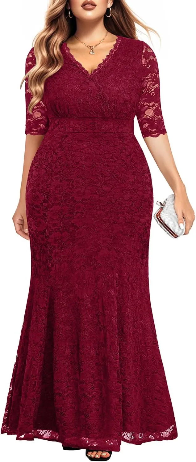 Wedding Dresses for Bride Plus Size - Mermaid Formal Evening Gown Wrap Neck Lace Dress