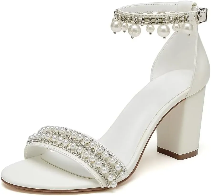 Wedding Shoes for Bride Block Heel Pearl Bridal Heels Wedding Heeled Sandals