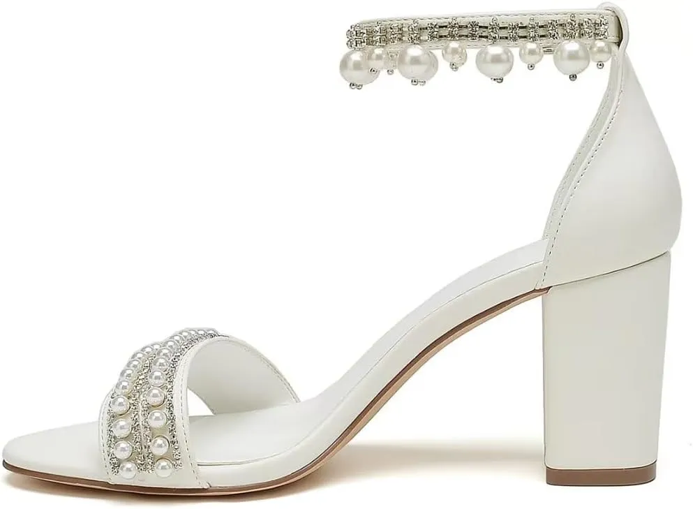 Wedding Shoes for Bride Block Heel Pearl Bridal Heels Wedding Heeled Sandals