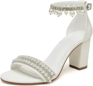 Wedding Shoes for Bride Block Heel Pearl Bridal Heels Wedding Heeled Sandals