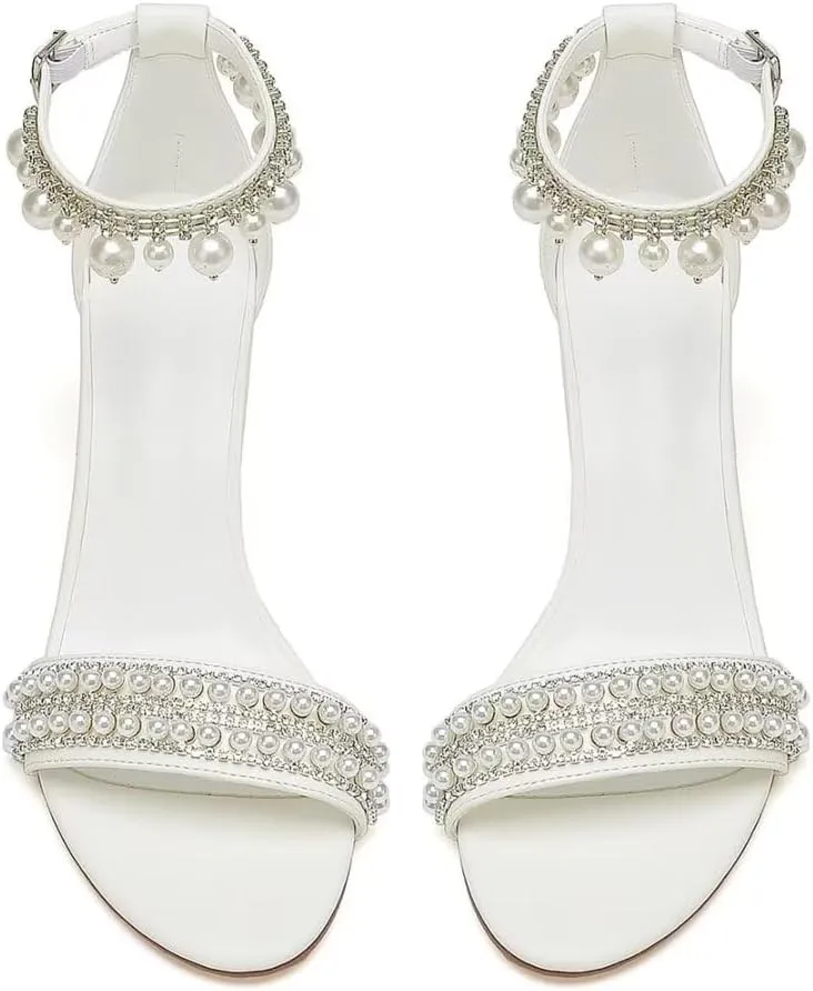 Wedding Shoes for Bride Block Heel Pearl Bridal Heels Wedding Heeled Sandals