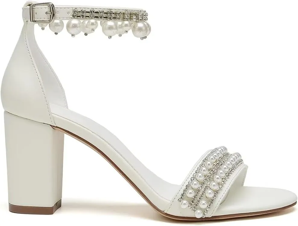 Wedding Shoes for Bride Block Heel Pearl Bridal Heels Wedding Heeled Sandals