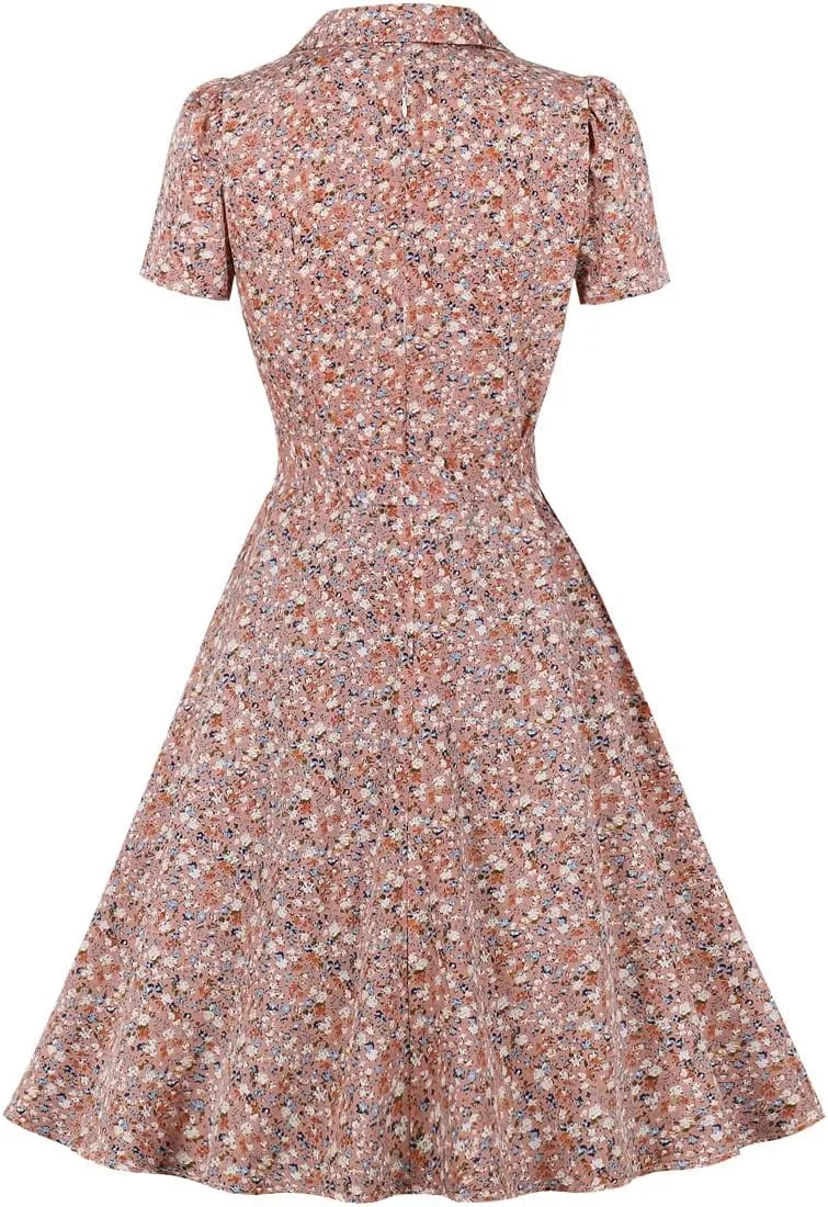 Wellwits Women's Shirt Collar Sailor Tie Summer Vintage Floral Dress