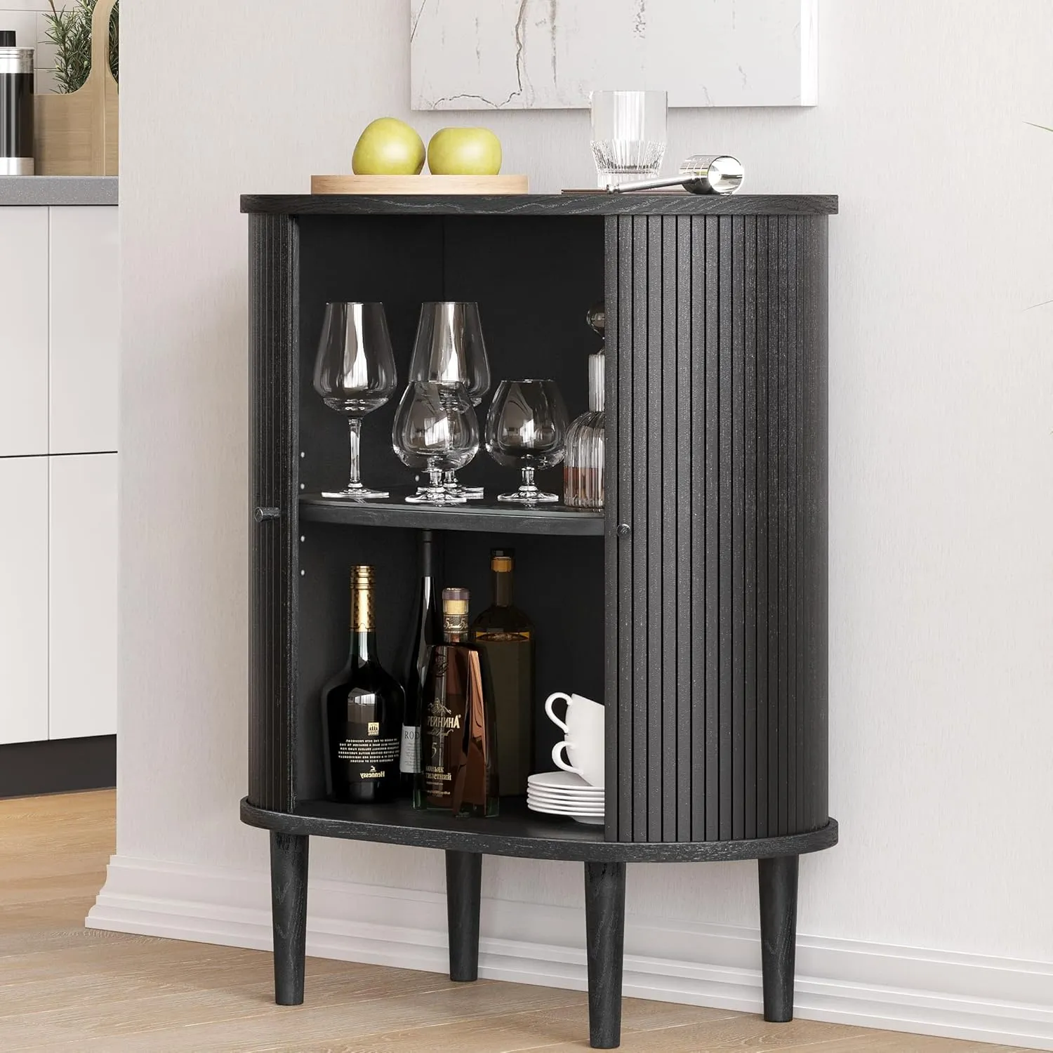 WERMO 28'' Black Bar Cabinet with Storage and Shelves - Coffee and Wine Bar Black Cabinet with Doors, Small Liquor Dining Room Sideboard, Narrow Living Room Credenza, Coffee Station (Black Oak)