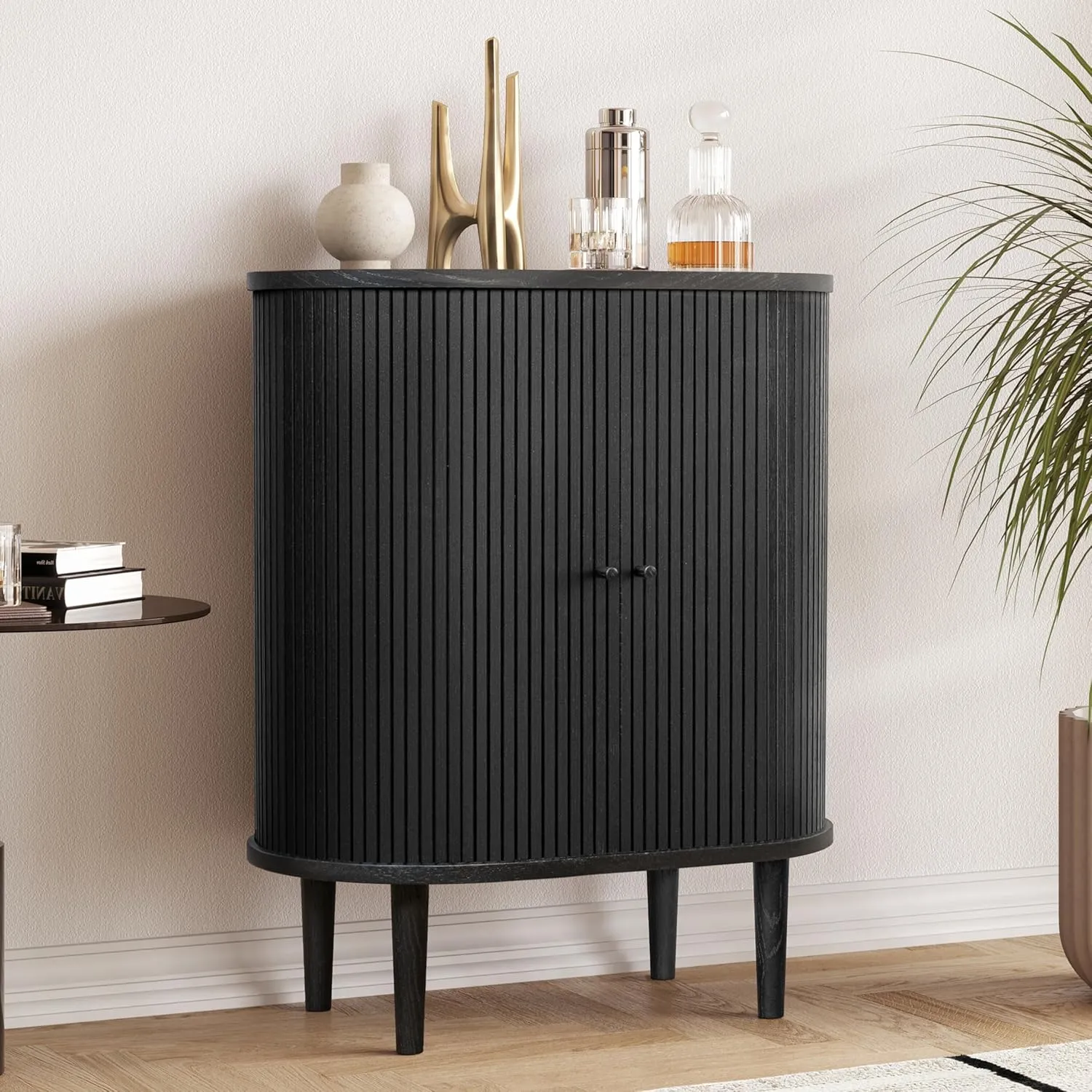WERMO 28'' Black Bar Cabinet with Storage and Shelves - Coffee and Wine Bar Black Cabinet with Doors, Small Liquor Dining Room Sideboard, Narrow Living Room Credenza, Coffee Station (Black Oak)