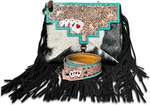 Western Aces Handbag, Cowhide Crossbody Poker Shoulder Bag Purse with Fringes Tooled Leather Brown Messenger Purse