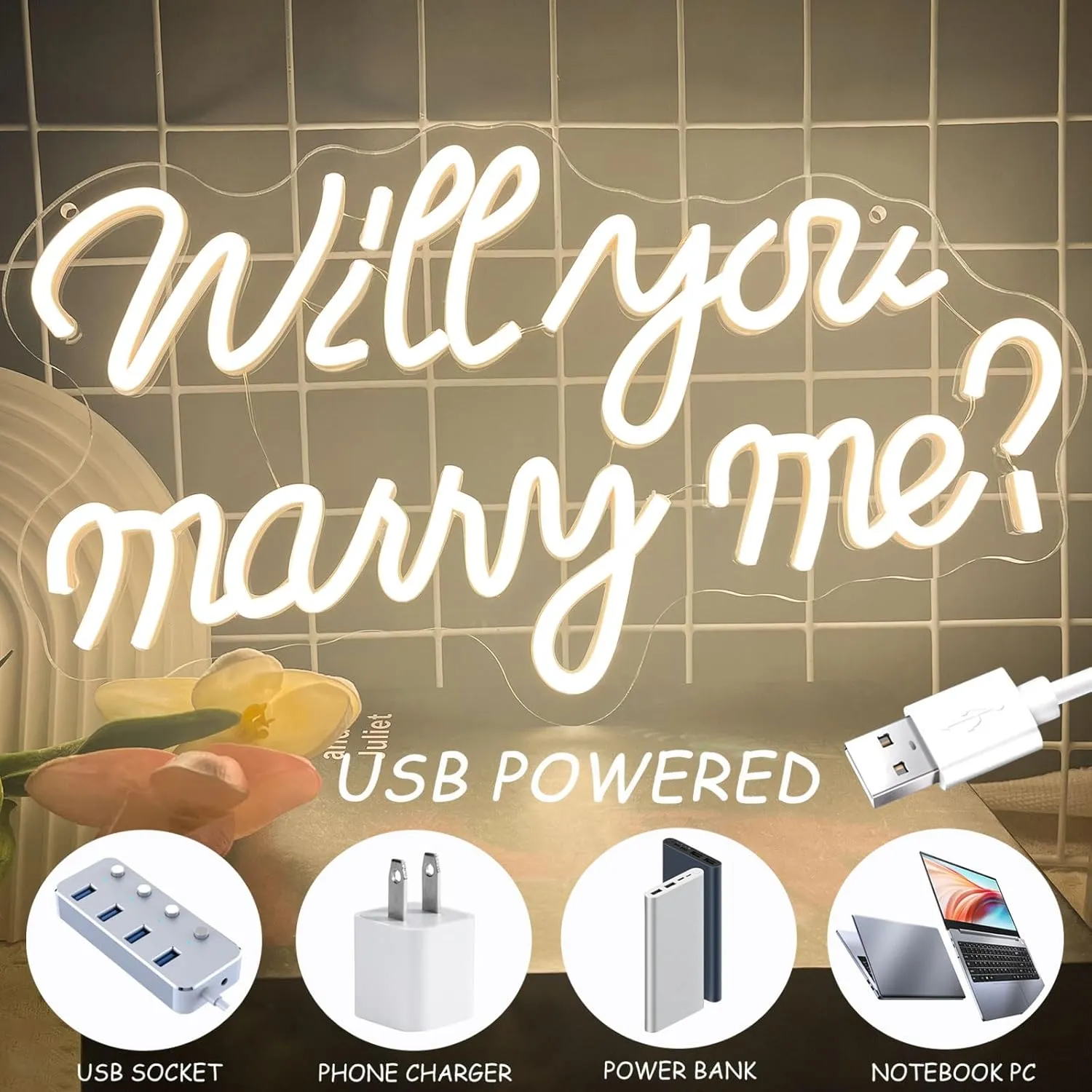 Will You Marry Me Neon Sign Romantic Warm White LED Neon Light for Proposal Engagement Decor,USB Powered Marry Me Light Up Sign for Room Wedding Valentines Day Girlfriend Party Wall Art