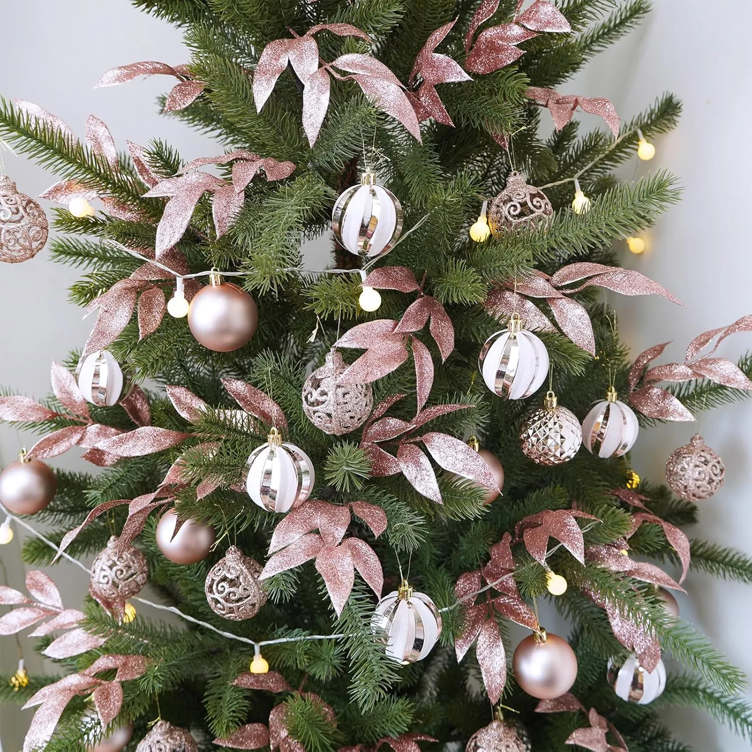 Winlyn 40 Pcs Christmas Artificial Leaf Picks Rose Gold Glitter Bay Leaf Sprays 12" Tall Christmas Tree Picks Decorations Rose Gold Christmas Tree Wreath Wedding Bouquet Seasonal Holiday Centerpiece