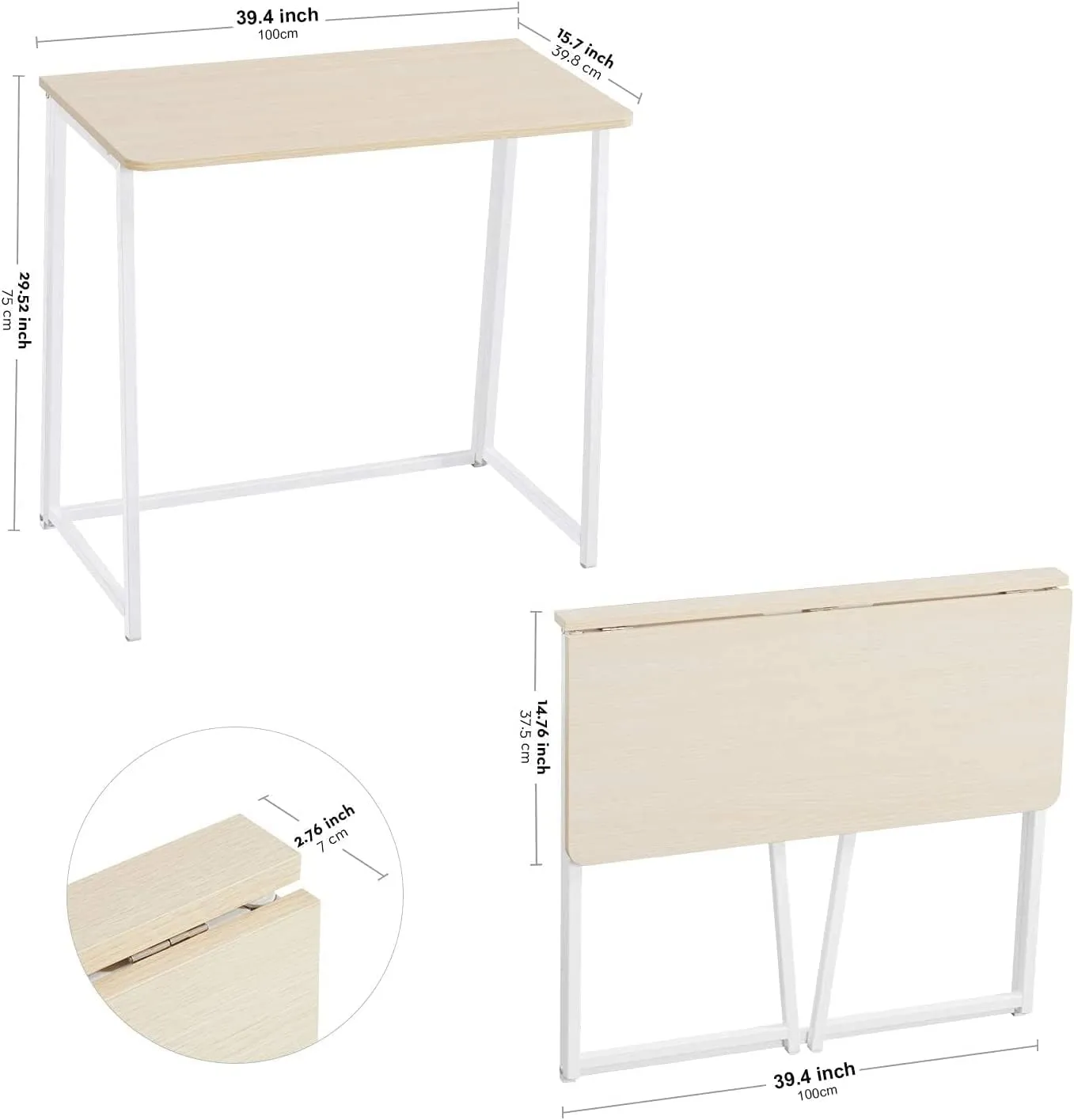 WOHOMO Folding Desk, Small Foldable Desk 39.4" for Small Spaces, Space Saving Computer Table Writing Workstation for Home Office, Easy Assembly, Oak