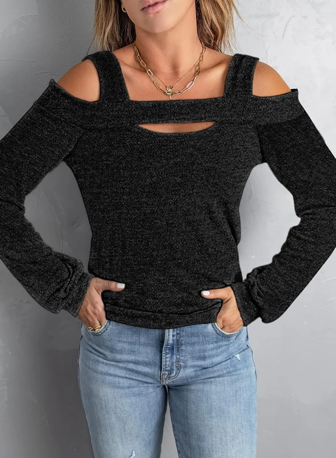 Women Blouses and Tops Black White Colorblock Bell Sleeve Cold Shoulder Top Shirt