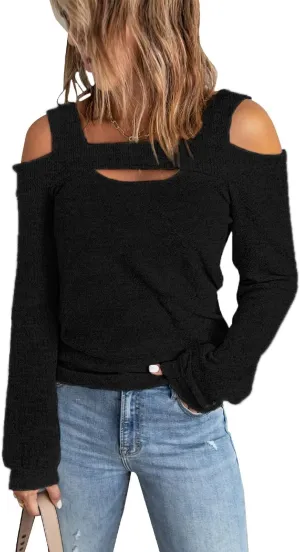 Women Blouses and Tops Black White Colorblock Bell Sleeve Cold Shoulder Top Shirt