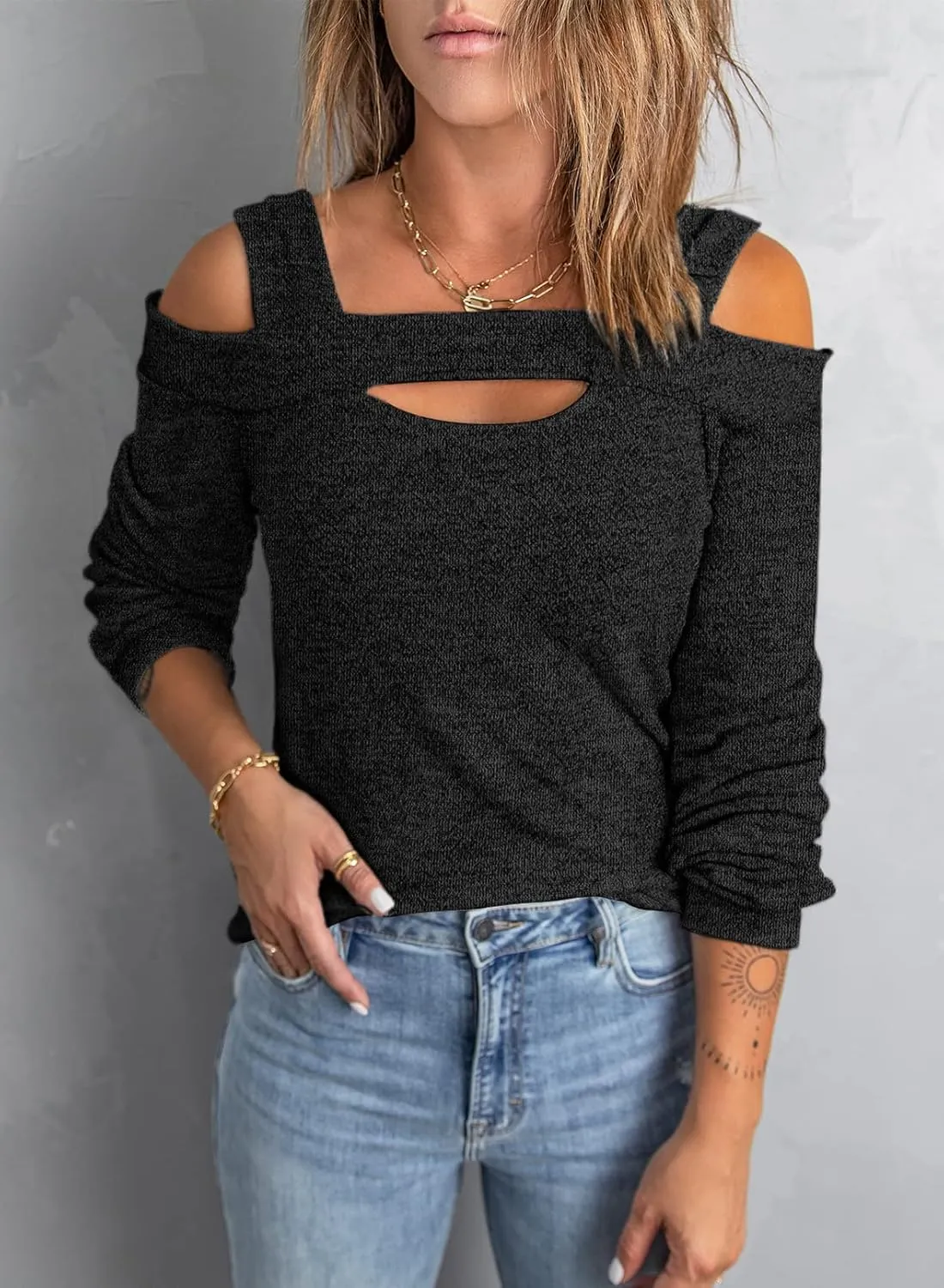 Women Blouses and Tops Black White Colorblock Bell Sleeve Cold Shoulder Top Shirt