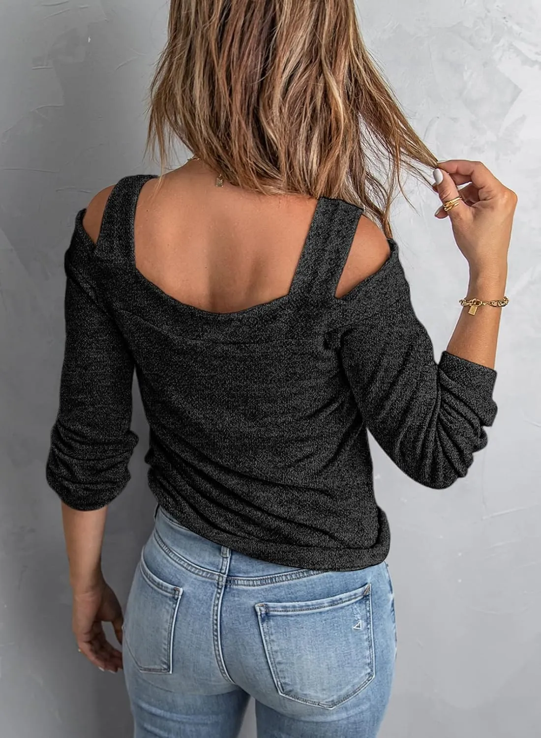 Women Blouses and Tops Black White Colorblock Bell Sleeve Cold Shoulder Top Shirt