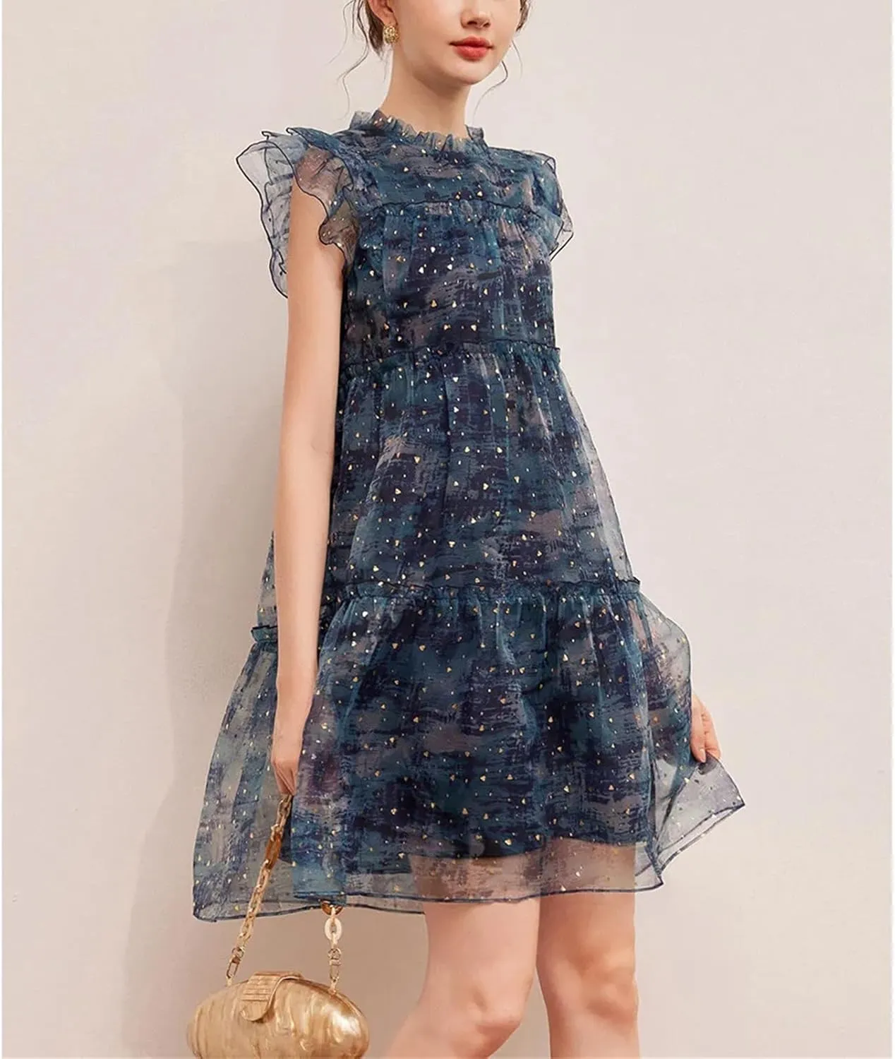 Women Mushroom Edge Decoration Small Flying Sleeves Sweet Age Reducing Round Neck Sparkling Dress