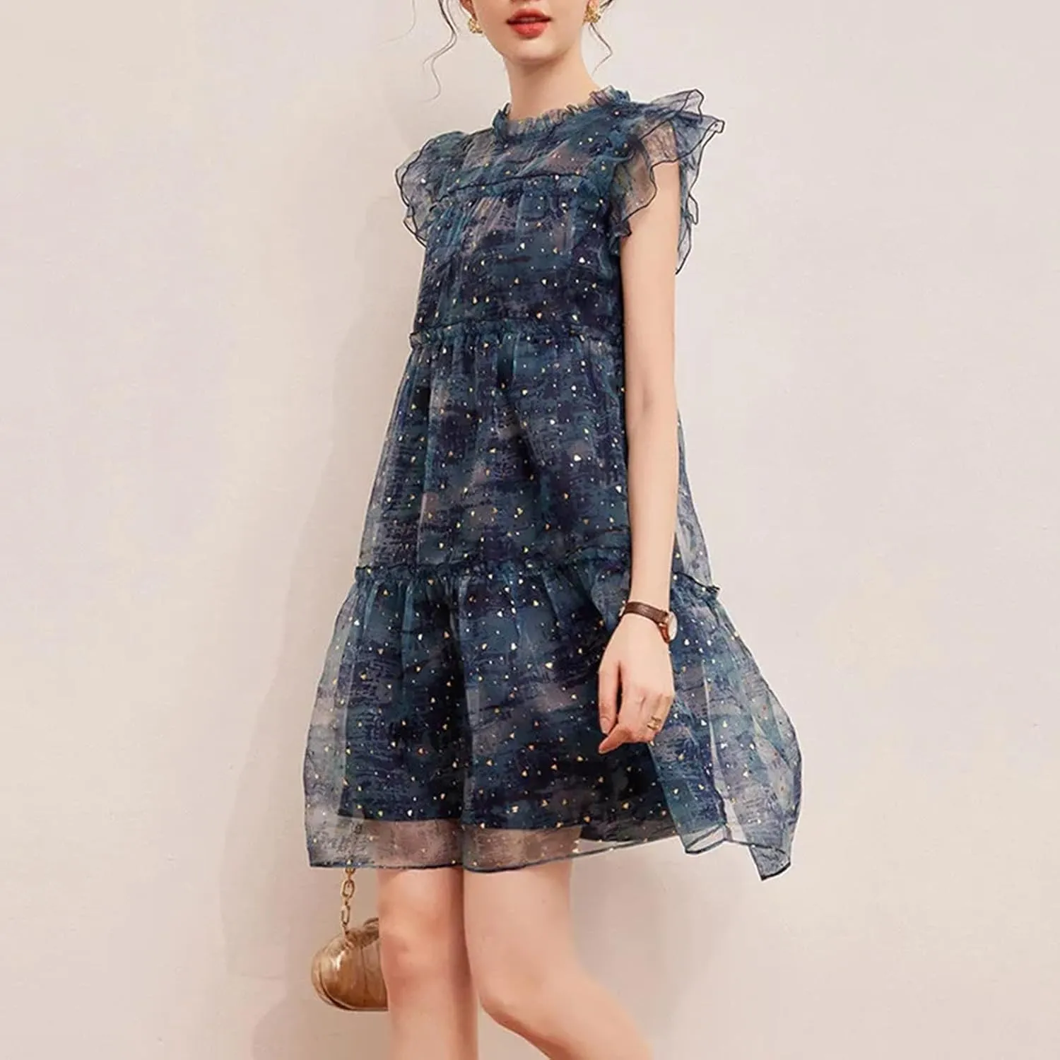 Women Mushroom Edge Decoration Small Flying Sleeves Sweet Age Reducing Round Neck Sparkling Dress