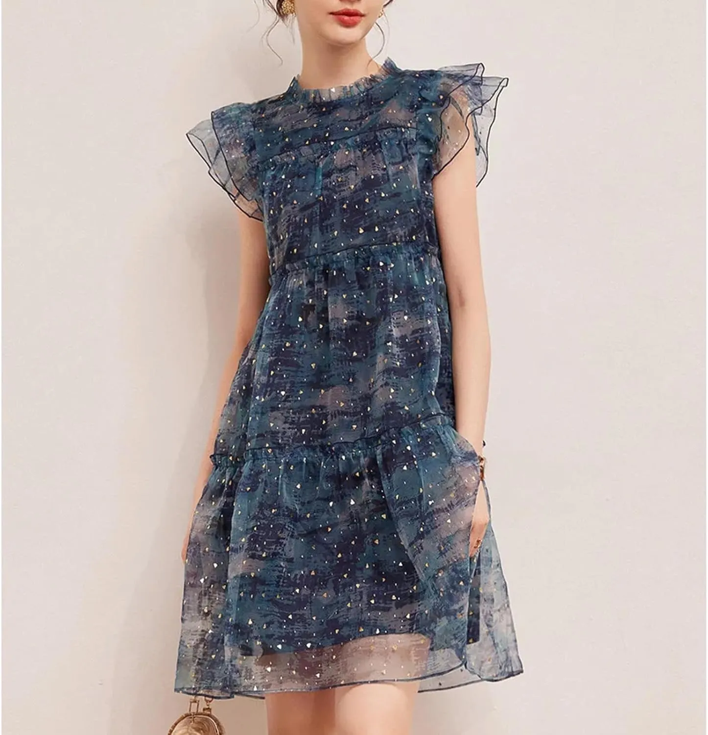 Women Mushroom Edge Decoration Small Flying Sleeves Sweet Age Reducing Round Neck Sparkling Dress