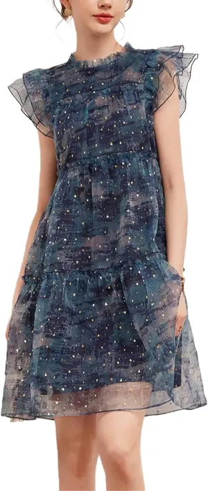 Women Mushroom Edge Decoration Small Flying Sleeves Sweet Age Reducing Round Neck Sparkling Dress