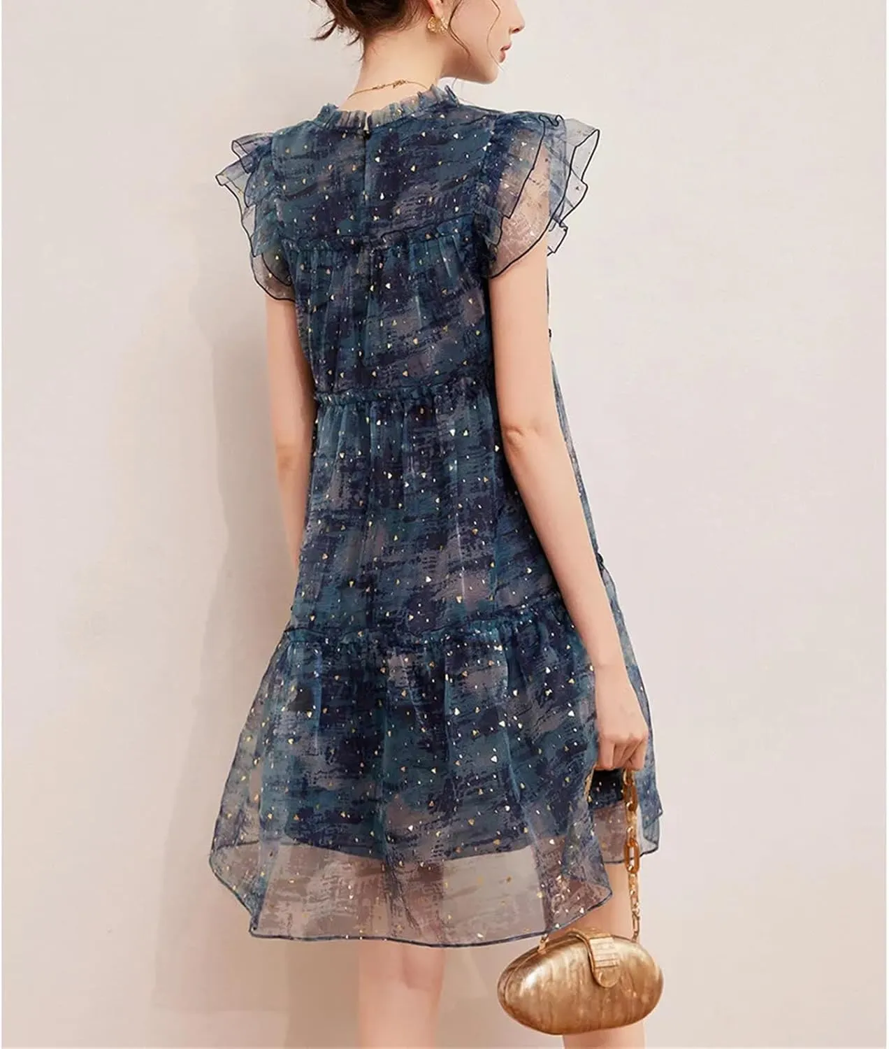 Women Mushroom Edge Decoration Small Flying Sleeves Sweet Age Reducing Round Neck Sparkling Dress