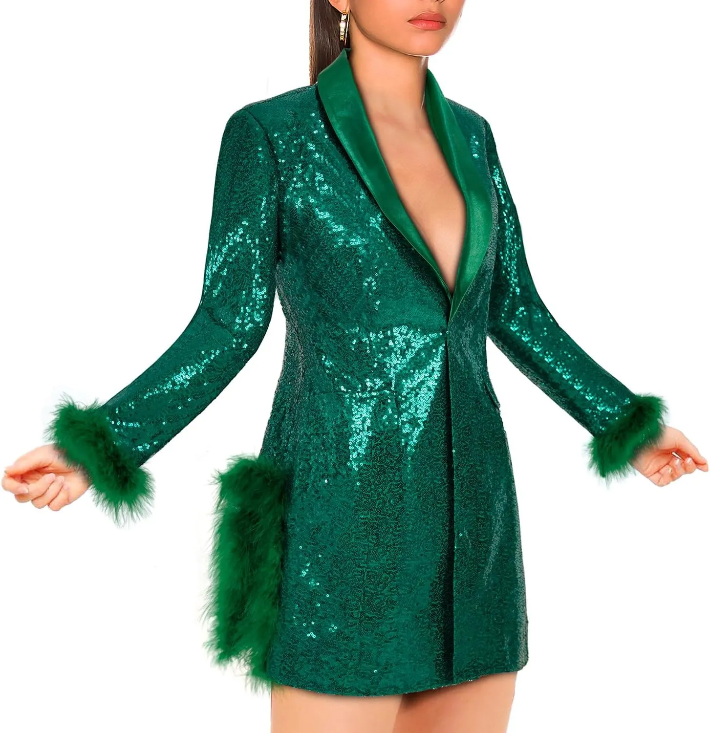 Women Sequin Jacket Long Sleeved Slim Blazer with Pocket
