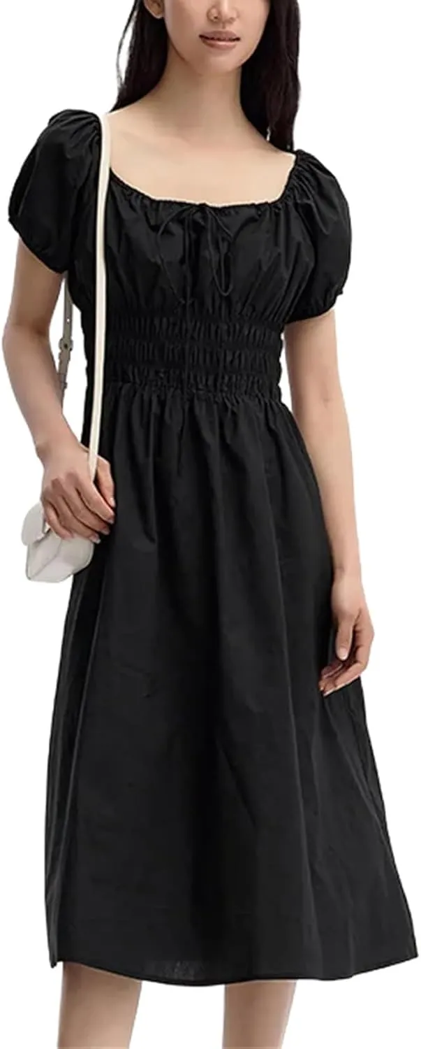 Women Square Collar Spliced Mid-Length Dress Hollow Texture Little White Dresses