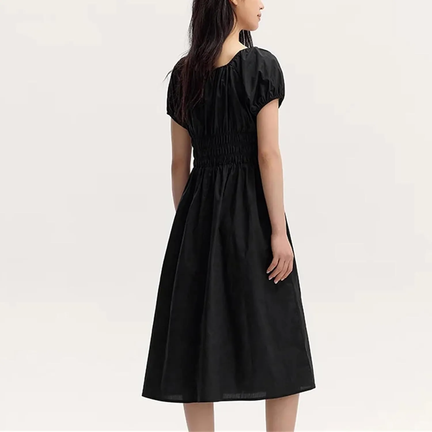 Women Square Collar Spliced Mid-Length Dress Hollow Texture Little White Dresses