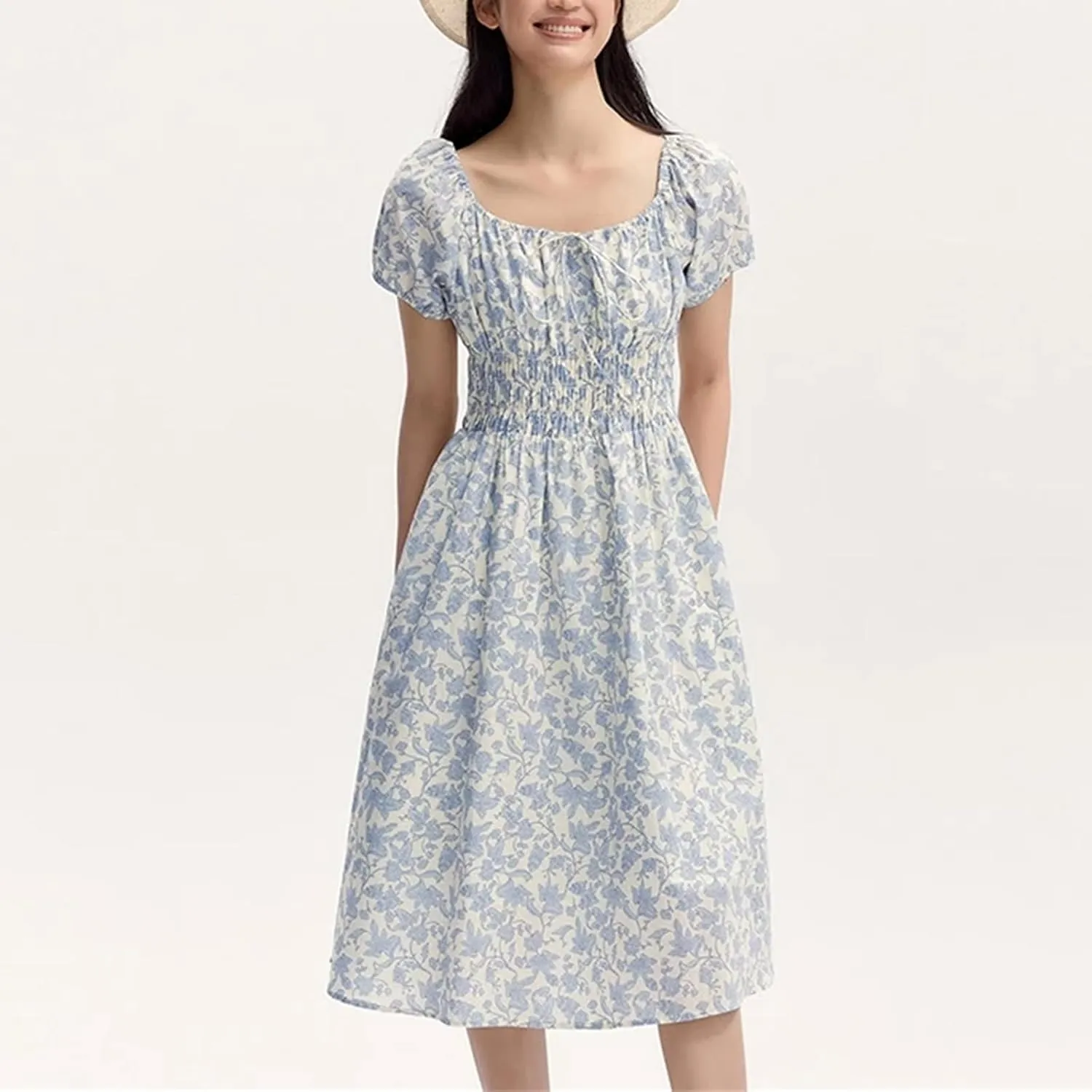 Women Square Collar Spliced Mid-Length Dress Hollow Texture Little White Dresses