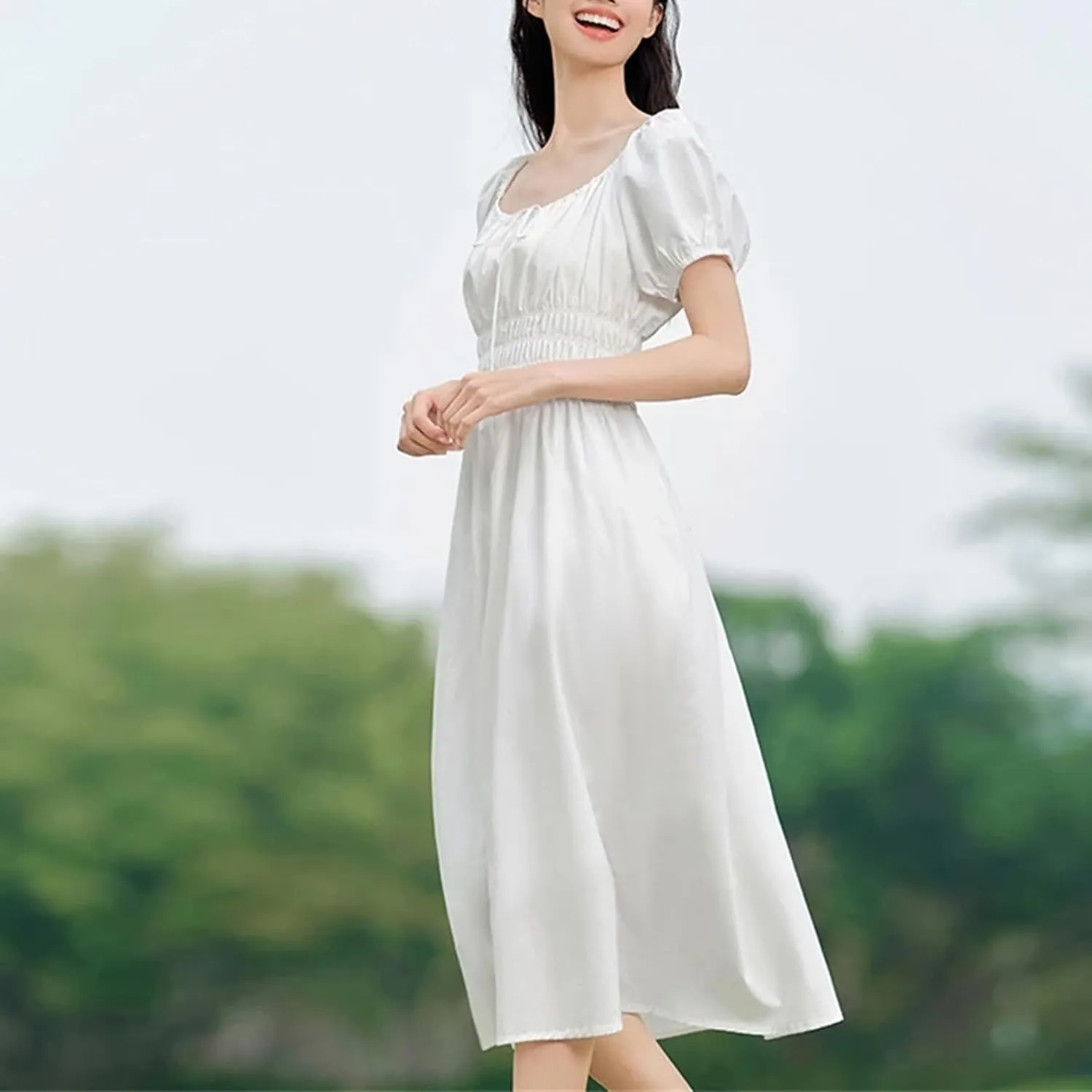 Women Square Collar Spliced Mid-Length Dress Hollow Texture Little White Dresses