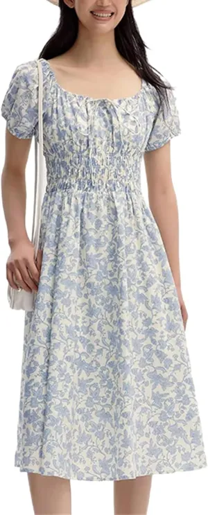 Women Square Collar Spliced Mid-Length Dress Hollow Texture Little White Dresses