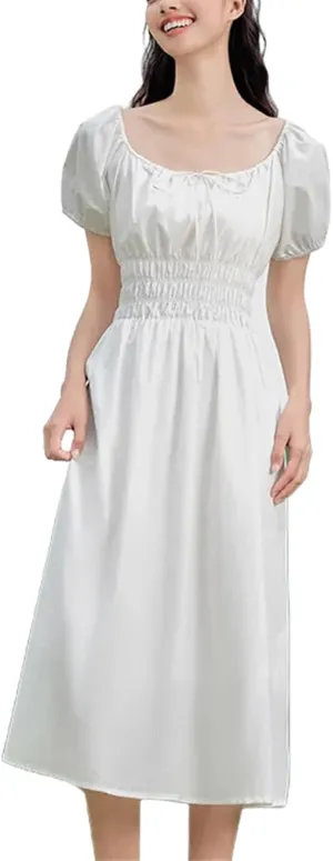 Women Square Collar Spliced Mid-Length Dress Hollow Texture Little White Dresses