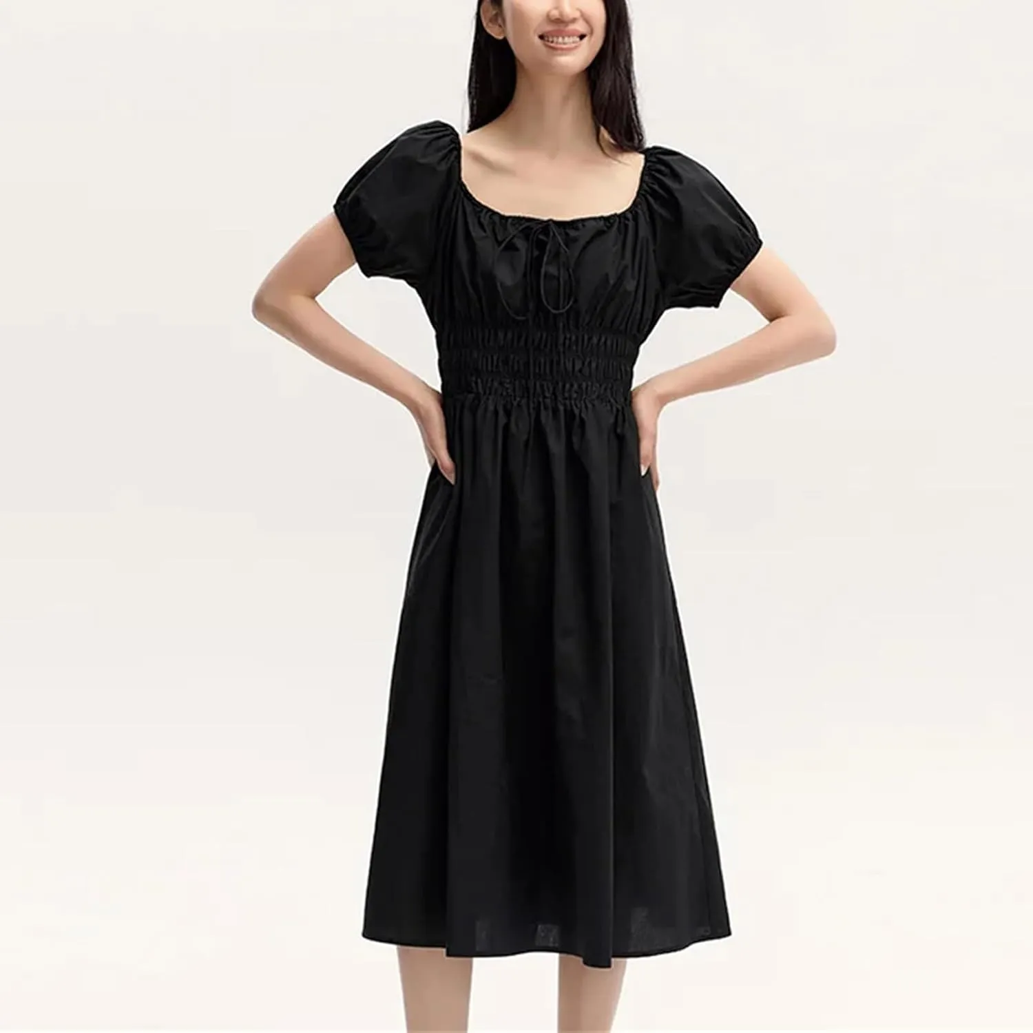 Women Square Collar Spliced Mid-Length Dress Hollow Texture Little White Dresses