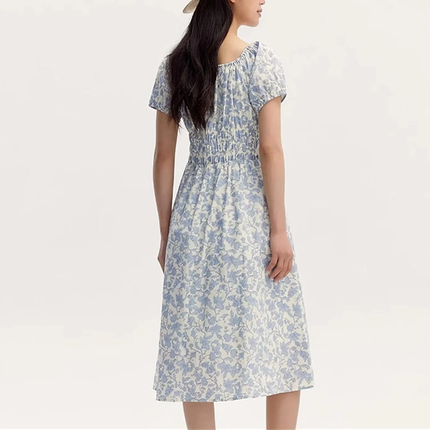 Women Square Collar Spliced Mid-Length Dress Hollow Texture Little White Dresses