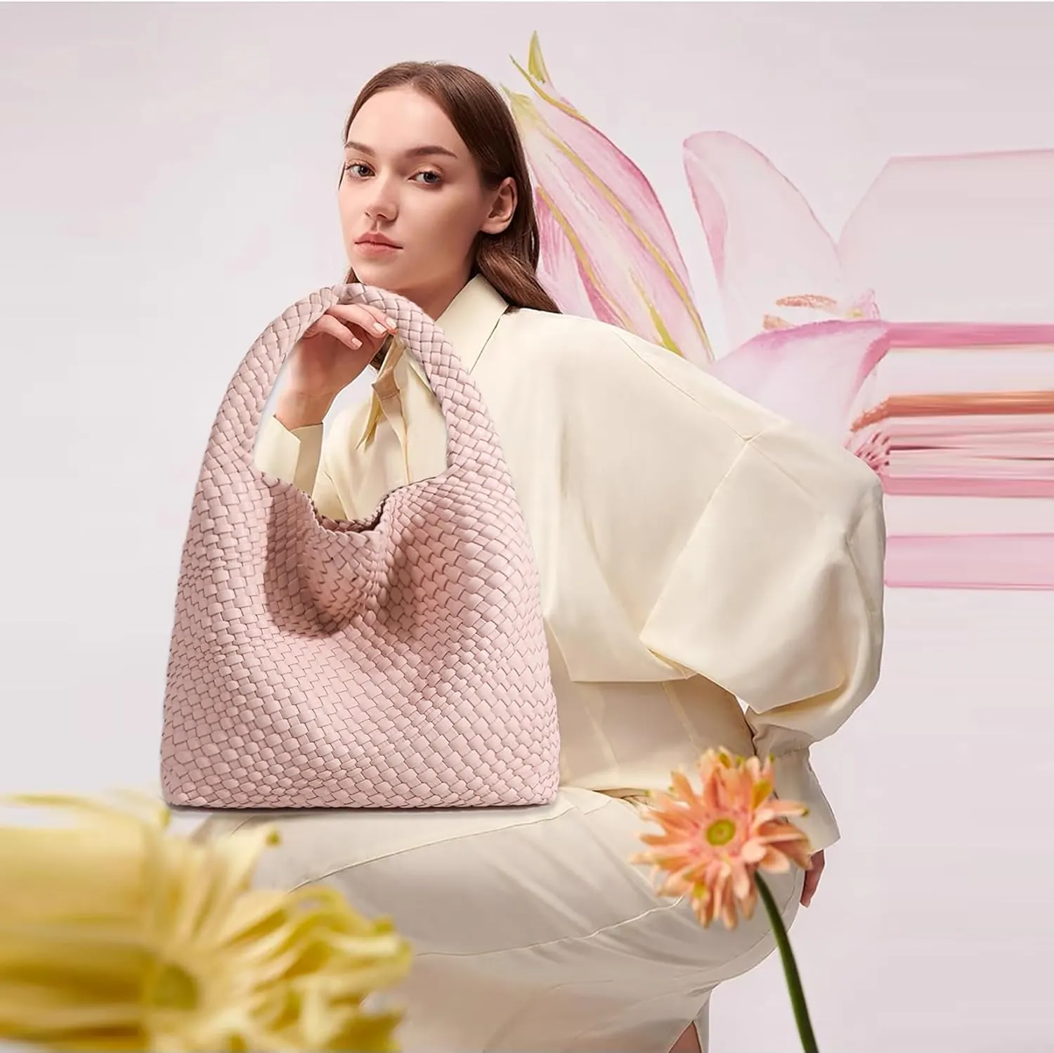 Women Vegan Leather Hand-Woven Tote Handbag Fashion Shoulder Top-handle Bag All-Match Underarm Bag with Purse