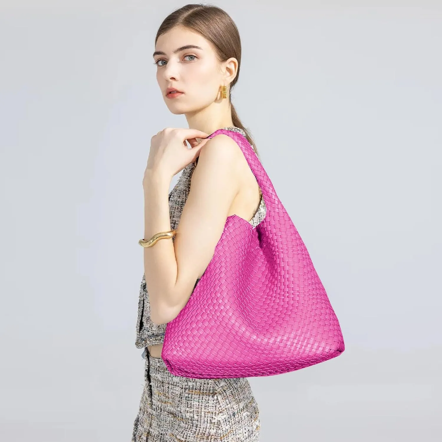 Women Vegan Leather Hand-Woven Tote Handbag Fashion Shoulder Top-handle Bag All-Match Underarm Bag with Purse