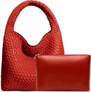 Women Vegan Leather Hand-Woven Tote Handbag Fashion Shoulder Top-handle Bag All-Match Underarm Bag with Purse