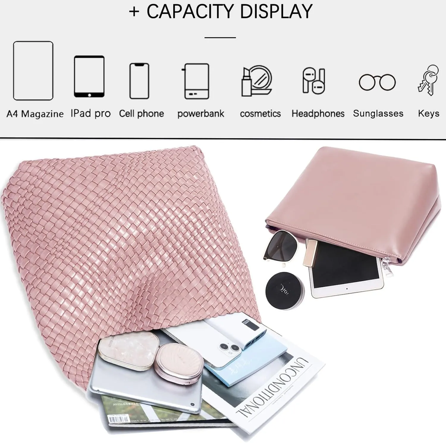 Women Vegan Leather Hand-Woven Tote Handbag Fashion Shoulder Top-handle Bag All-Match Underarm Bag with Purse