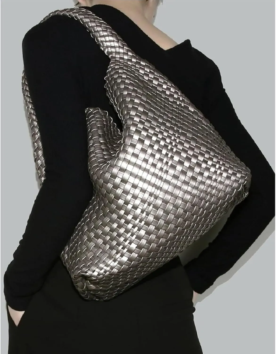 Women Vegan Leather Hand-Woven Tote Handbag Fashion Shoulder Top-handle Bag All-Match Underarm Bag with Purse