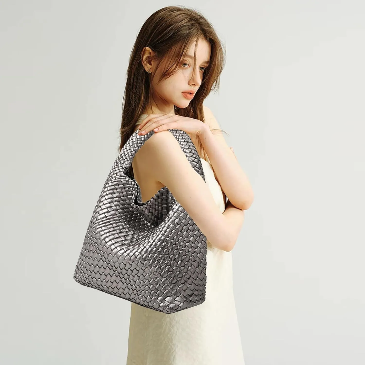 Women Vegan Leather Hand-Woven Tote Handbag Fashion Shoulder Top-handle Bag All-Match Underarm Bag with Purse