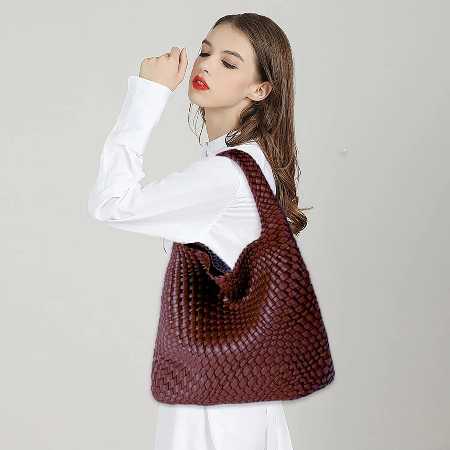 Women Vegan Leather Hand-Woven Tote Handbag Fashion Shoulder Top-handle Bag All-Match Underarm Bag with Purse
