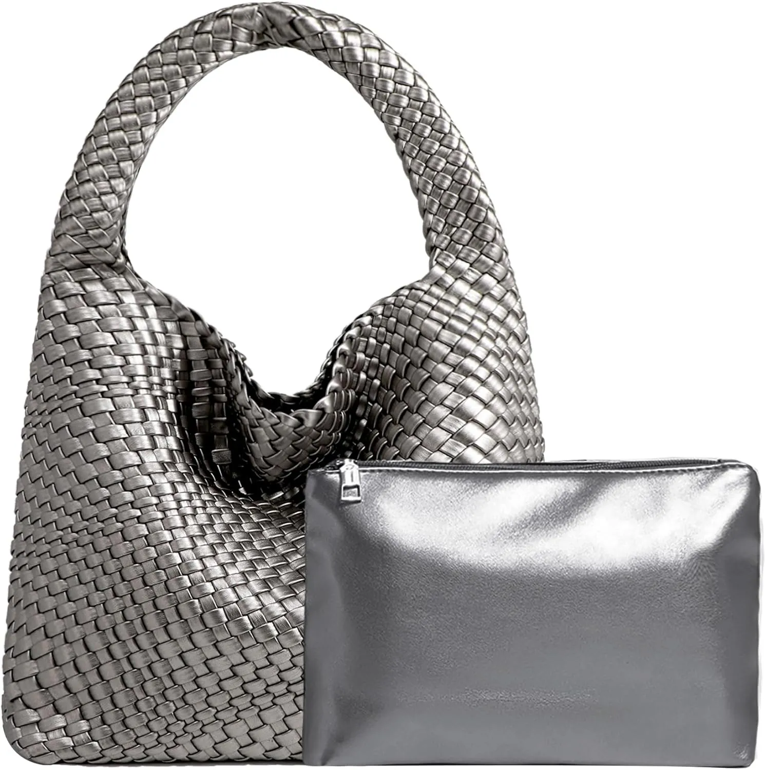 Women Vegan Leather Hand-Woven Tote Handbag Fashion Shoulder Top-handle Bag All-Match Underarm Bag with Purse
