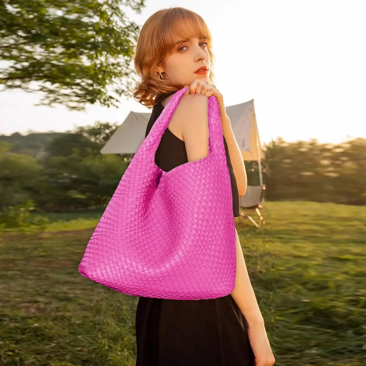 Women Vegan Leather Hand-Woven Tote Handbag Fashion Shoulder Top-handle Bag All-Match Underarm Bag with Purse