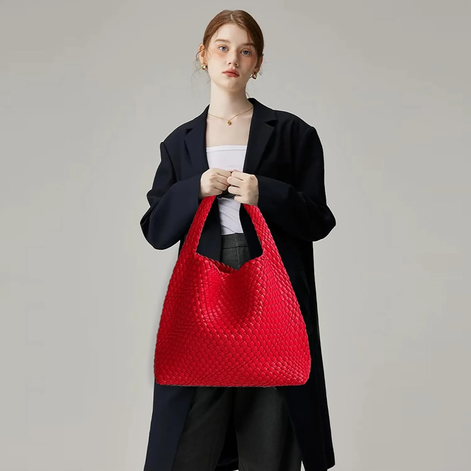 Women Vegan Leather Hand-Woven Tote Handbag Fashion Shoulder Top-handle Bag All-Match Underarm Bag with Purse