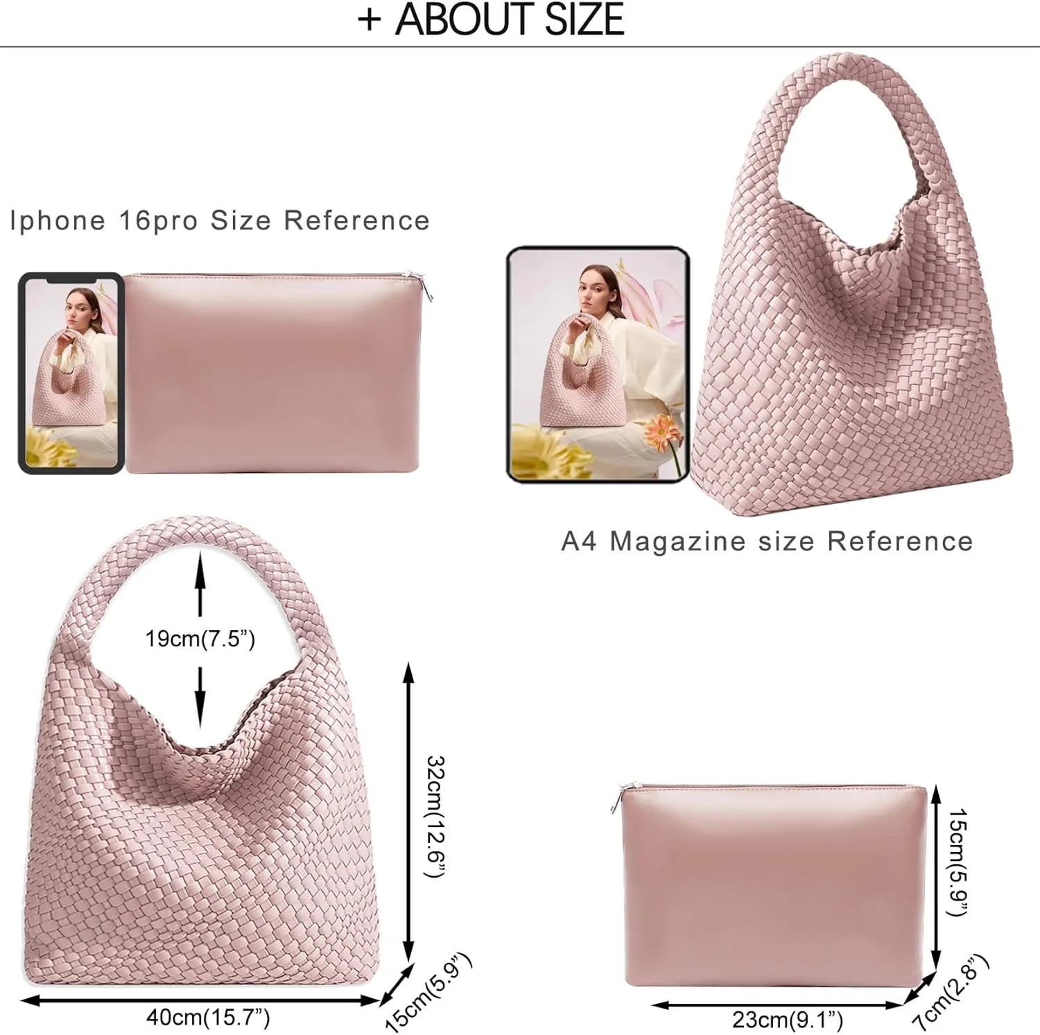 Women Vegan Leather Hand-Woven Tote Handbag Fashion Shoulder Top-handle Bag All-Match Underarm Bag with Purse