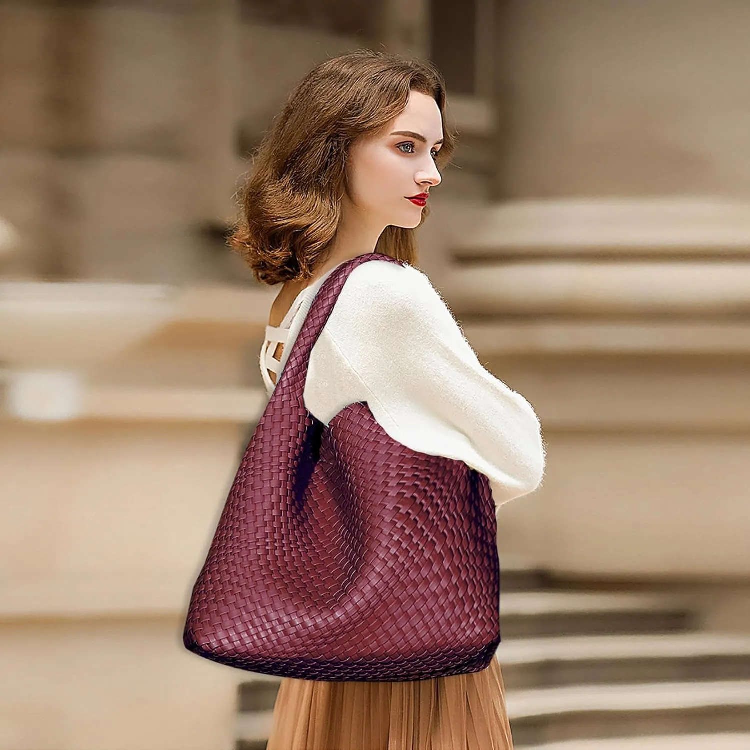 Women Vegan Leather Hand-Woven Tote Handbag Fashion Shoulder Top-handle Bag All-Match Underarm Bag with Purse