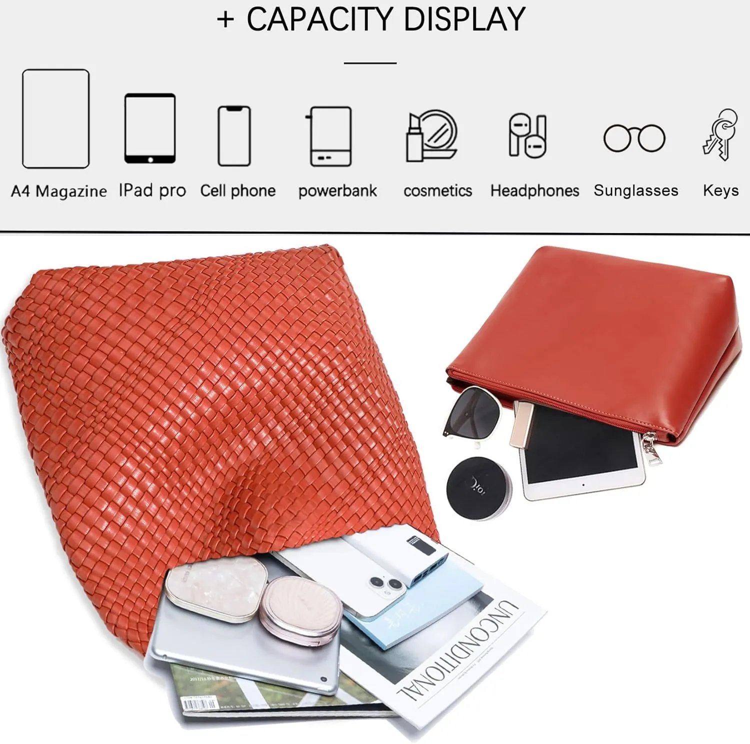 Women Vegan Leather Hand-Woven Tote Handbag Fashion Shoulder Top-handle Bag All-Match Underarm Bag with Purse