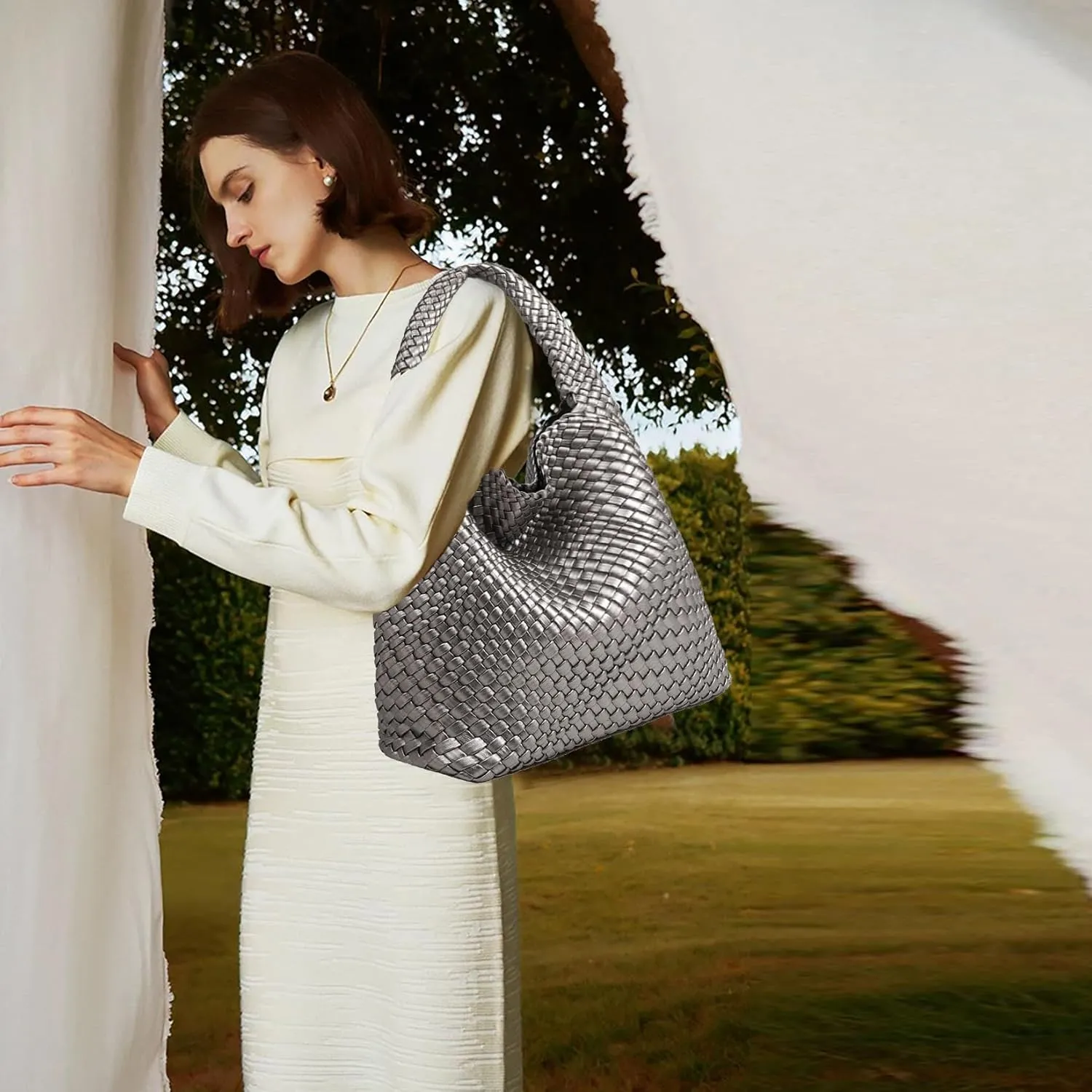 Women Vegan Leather Hand-Woven Tote Handbag Fashion Shoulder Top-handle Bag All-Match Underarm Bag with Purse